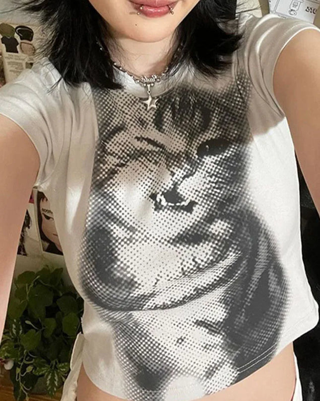 Women's Cat Print Cropped T-Shirt, Crewneck, Slim Fit Tee