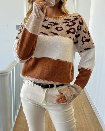 Leopard Print Long Sleeve Knitted Sweater for Women