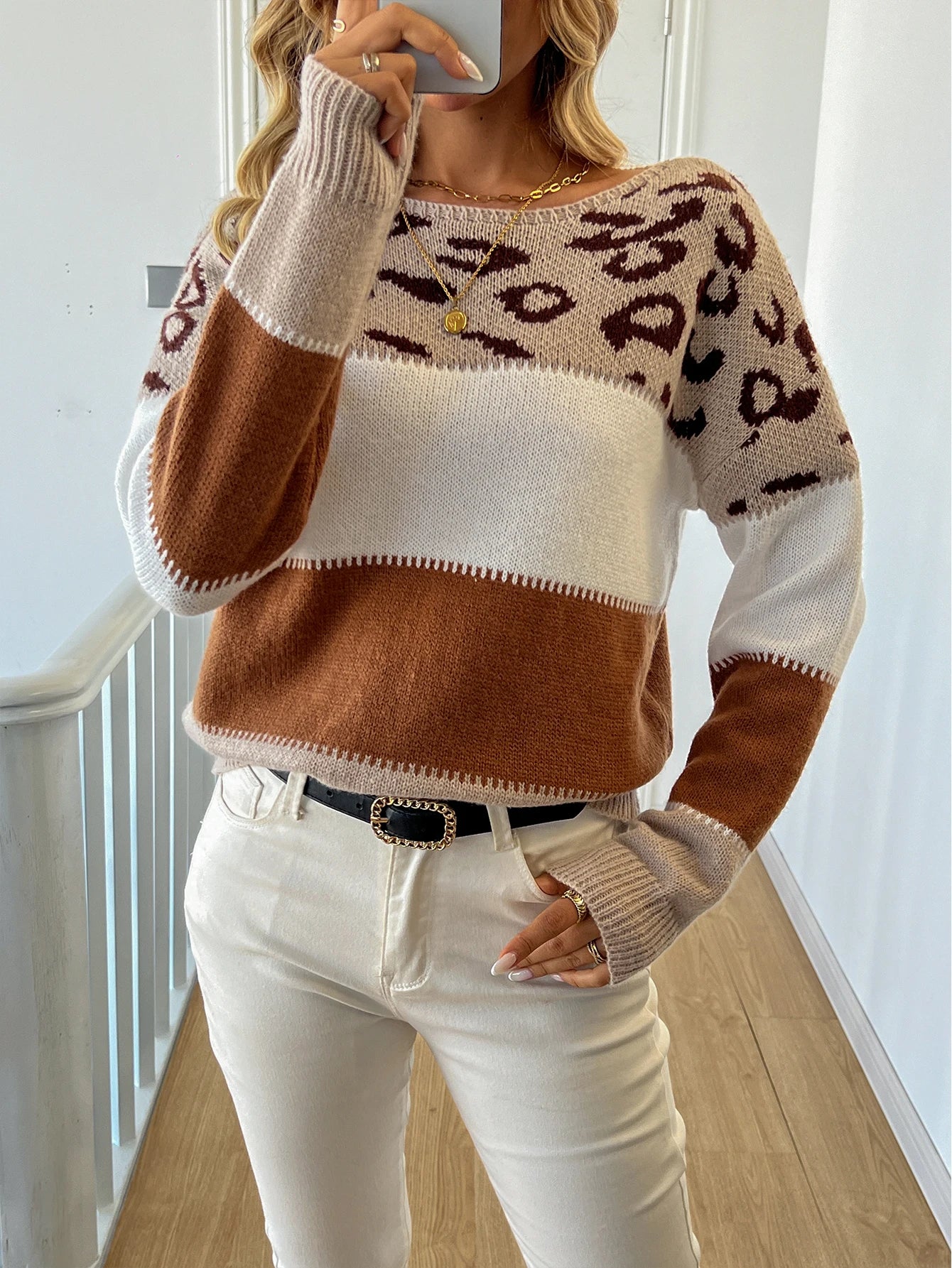 Leopard Print Long Sleeve Knitted Sweater for Women