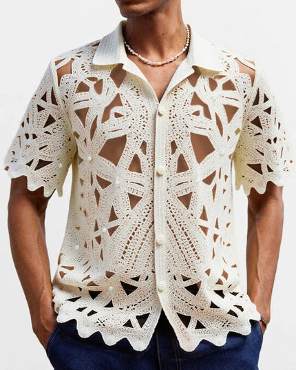 Retro Crochet Men's Shirt with Floral Knit Mesh Design