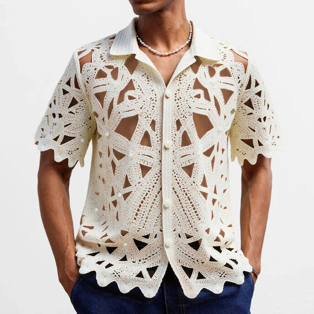 Retro Crochet Men's Shirt with Floral Knit Mesh Design