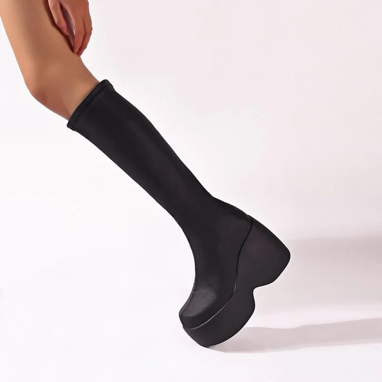 Women's Thick-Soled Knee-High Boots with Round Toe and High Heel
