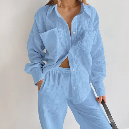 Women's Cotton Two-Piece Long Sleeve Loose Shirt and Pants Set