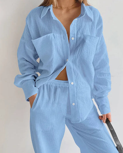 Women's Cotton Two-Piece Long Sleeve Loose Shirt and Pants Set