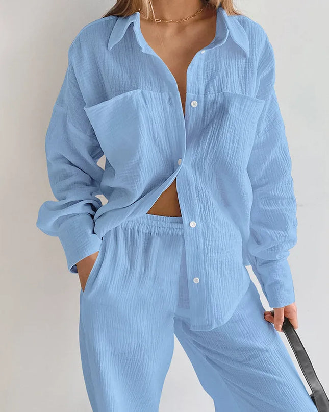 Women's Cotton Two-Piece Long Sleeve Loose Shirt and Pants Set