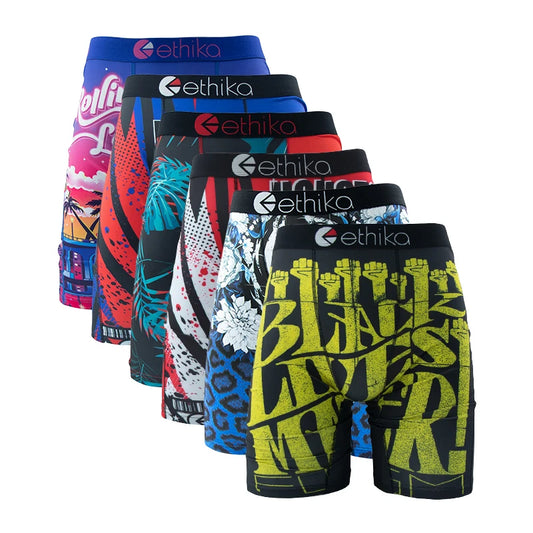 Collection of ethika boxer briefs with various designs on a white background