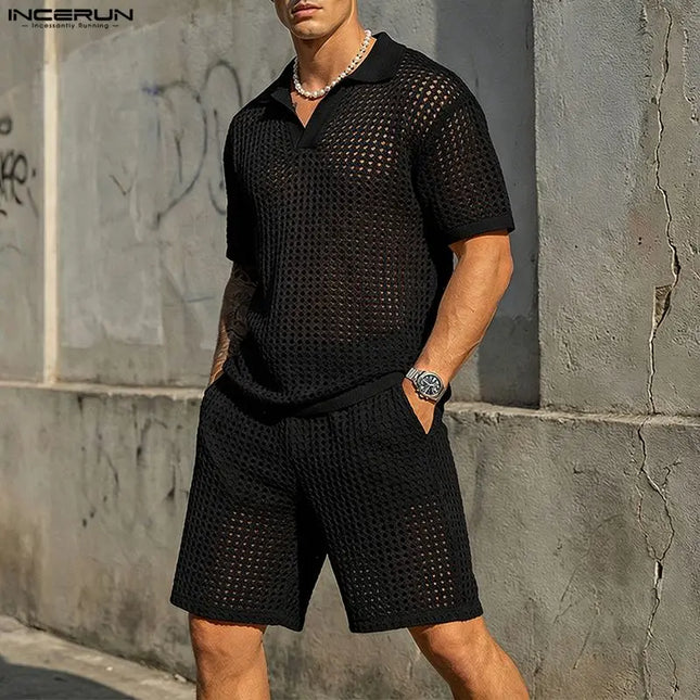 Incerun Men's Two-Piece Hollow Out Lapel Short Sleeve T-Shirt and Short Set