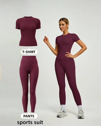Women's  Short Sleeve Set with High-Waist Yoga Pants and T-Shirt Set