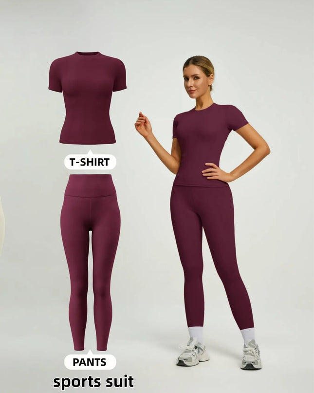 Women's  Short Sleeve Set with High-Waist Yoga Pants and T-Shirt Set