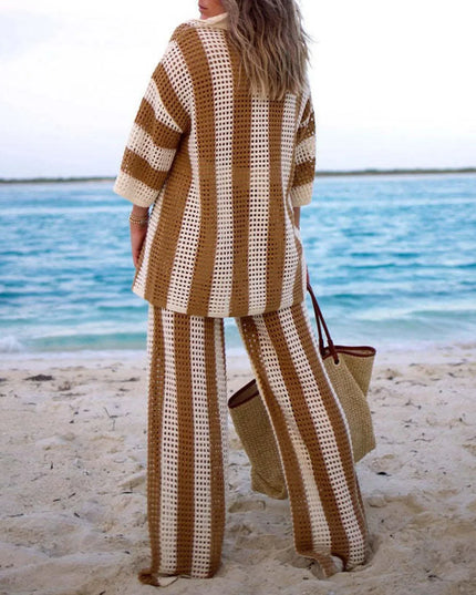 Women's Two-Piece Striped Knit V-Neck Hollow Out Button Top & Wide Leg Pants Set
