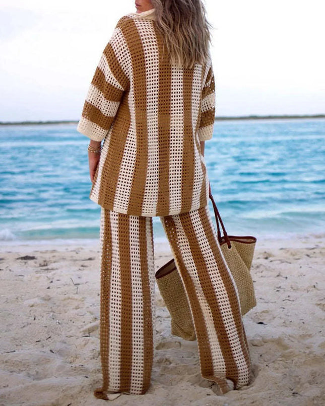 Women's Two-Piece Striped Knit V-Neck Hollow Out Button Top & Wide Leg Pants Set