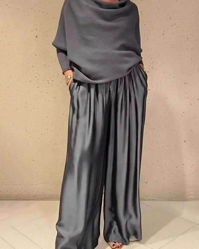 Women's Elegant Two-Piece Set - Slash Collar Off-Shoulder Top & Satin Wide-Leg Pants