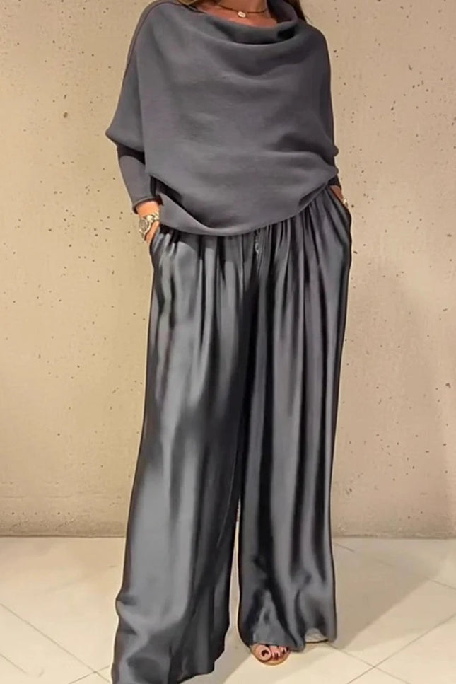 Women's Elegant Two-Piece Set - Slash Collar Off-Shoulder Top & Satin Wide-Leg Pants