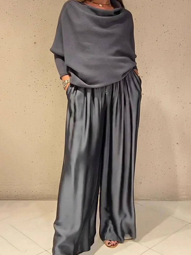 Women's Elegant Two-Piece Set - Slash Collar Off-Shoulder Top & Satin Wide-Leg Pants