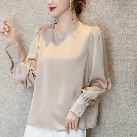 Women's Elegant Satin O-Neck Long Sleeve Blouse