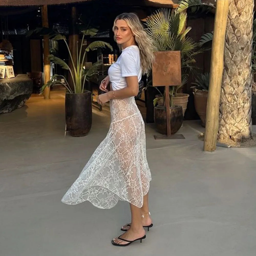 Women's Lace Maxi Skirt - Sheer See-Through Cover Up Skirt