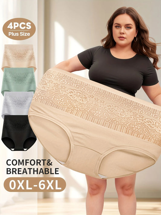 Set of 4 Plus Size Elegant Women's Panties with Floral Pattern - High Waist Tummy Control