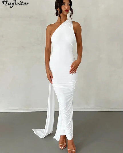 Hugcitar Adjustable Backless Ruched Dress with Single Shoulder and Scarf Loop for Women