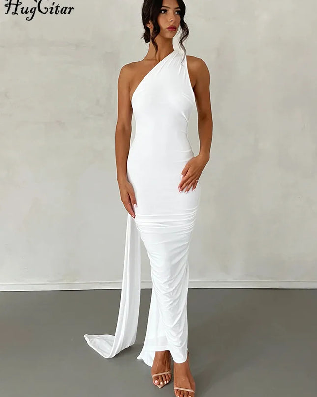 Hugcitar Adjustable Backless Ruched Dress with Single Shoulder and Scarf Loop for Women