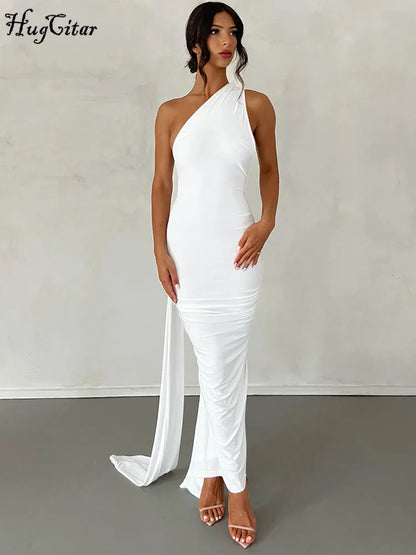 Hugcitar Adjustable Backless Ruched Dress with Single Shoulder and Scarf Loop for Women