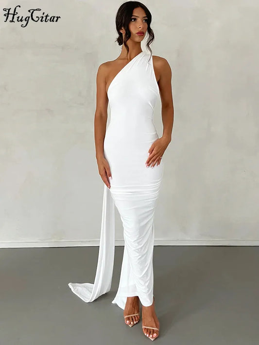 Hugcitar Adjustable Backless Ruched Dress with Single Shoulder and Scarf Loop for Women