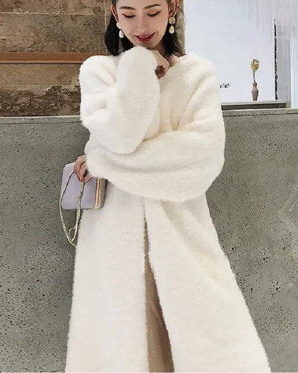 Women's Long Knitted Fluffy Cardigan with Long Sleeves
