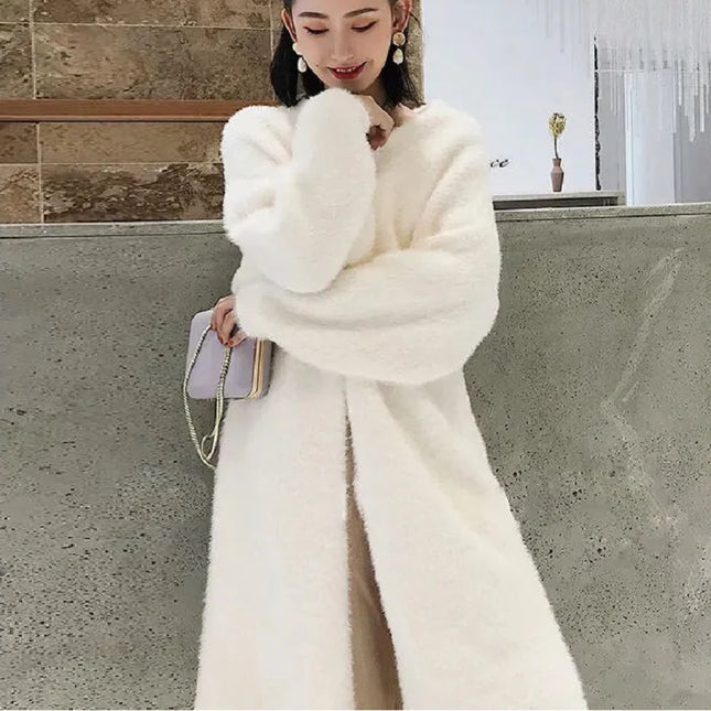 Women's Long Knitted Fluffy Cardigan with Long Sleeves