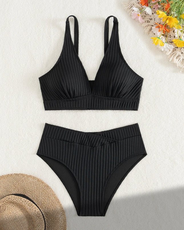 High-Waist Ribbed Push-Up Bikini Set for Women - Two-Piece Swimsuit