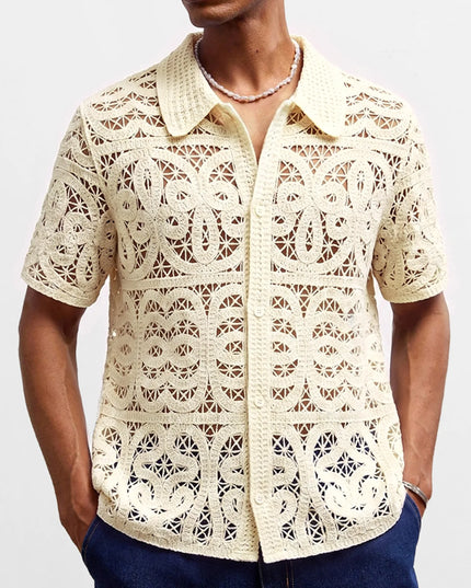 Men's Crochet Short Sleeve Casual Button-Down Shirt