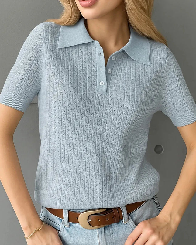 Women's Knitted Polo T-Shirt – Casual Loose Fit with Lapel, Comfortable Women's Knit Top