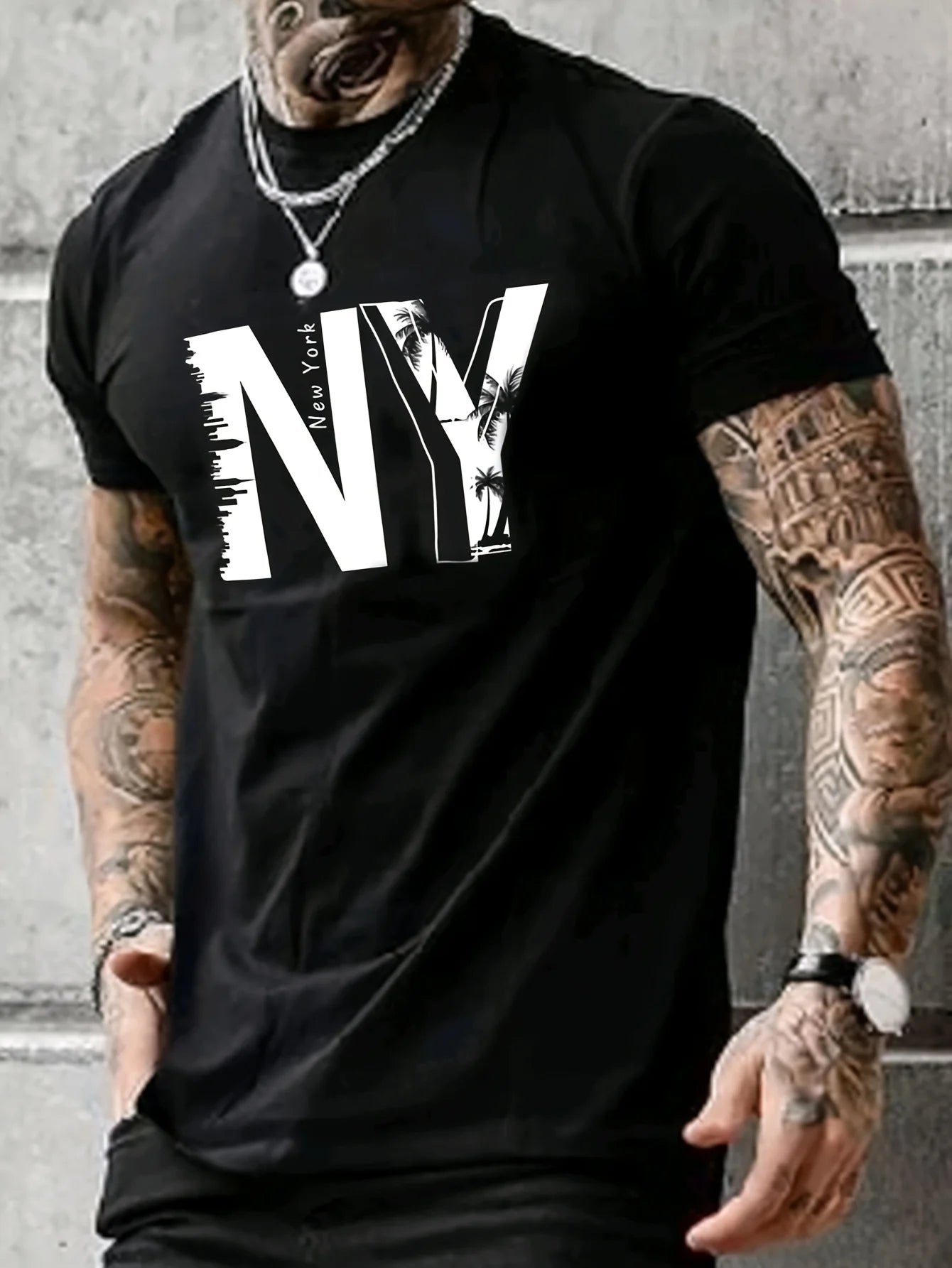 Men's 100% Cotton Casual T-Shirt with NY Letter Print