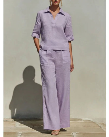 Women’s Two-Piece Set  V-Neck Short-Sleeve Sweater Top and High-Waisted Wide-Leg Pants