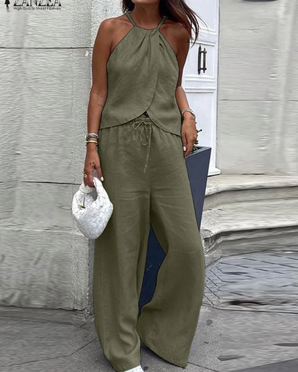 ZANZEA Women's Two-Piece Set: Sleeveless Halter Tops and Elastic Waist Pants
