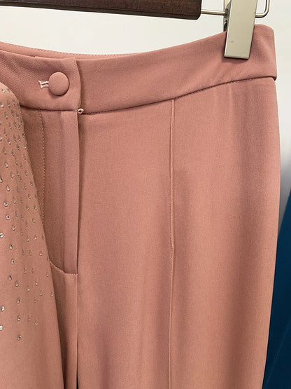 Women's Elegant Two-Piece Beaded Blazer and Pants Set with  Diamond Detailing