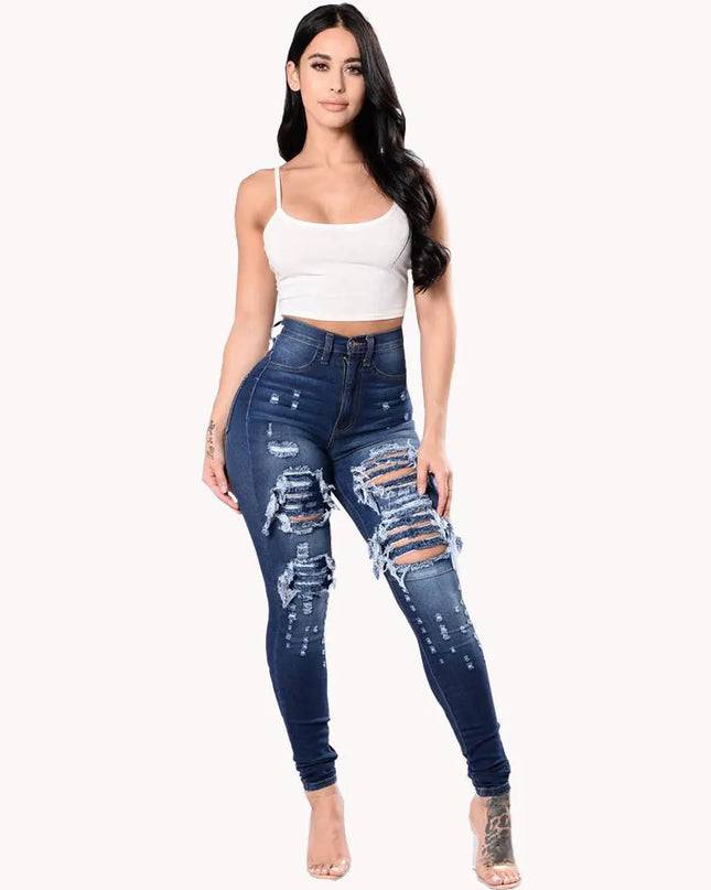 Womens Stretchy High-Waisted Ripped Skinny Jeans