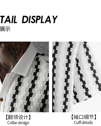 Men's Knit Short Sleeve Shirt with Vintage Plaid Pattern and Breathable Fabric