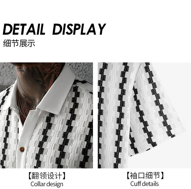 Men's Knit Short Sleeve Shirt with Vintage Plaid Pattern and Breathable Fabric