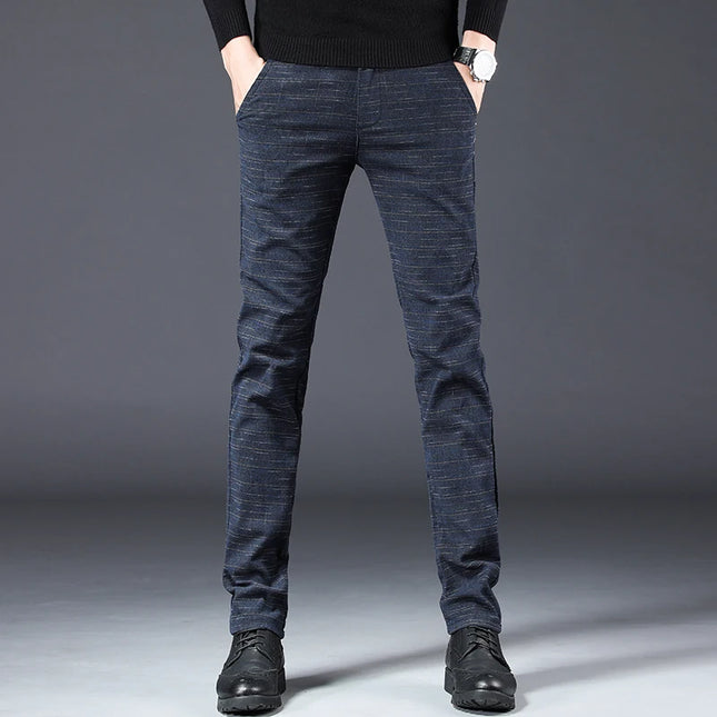 Men's Slim Fit Brushed Cotton-Linen Straight Plaid Trousers