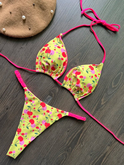 Women's Striped High-Waist Thong Bikini Set
