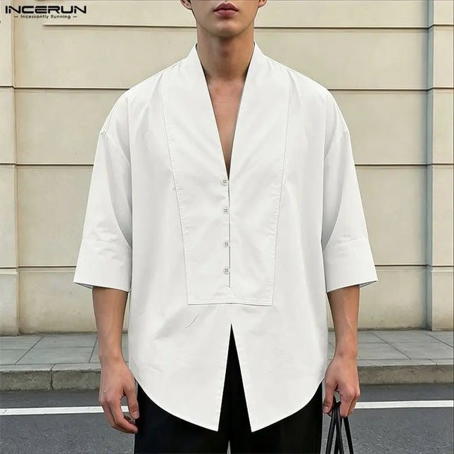 INCERUN Men's V-Neck Half Sleeve Loose Fit Shirt