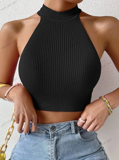 Women's Casual Ribbed Knit Halter Crop Top