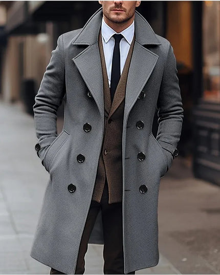 Men's Wool Coat with Double-Breasted Buttons, Lapel Collar