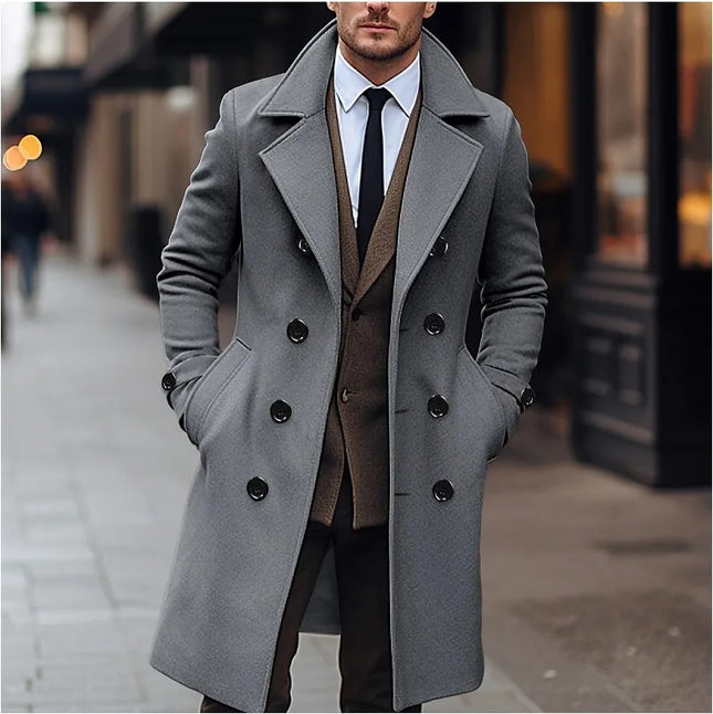Men's Wool Coat with Double-Breasted Buttons, Lapel Collar