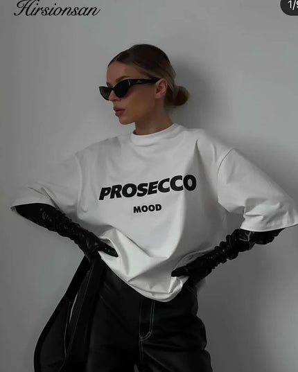 Cotton "Prosecco Mood" Print T-Shirt for Women - Casual Loose Fit Tee by Hirsionsan