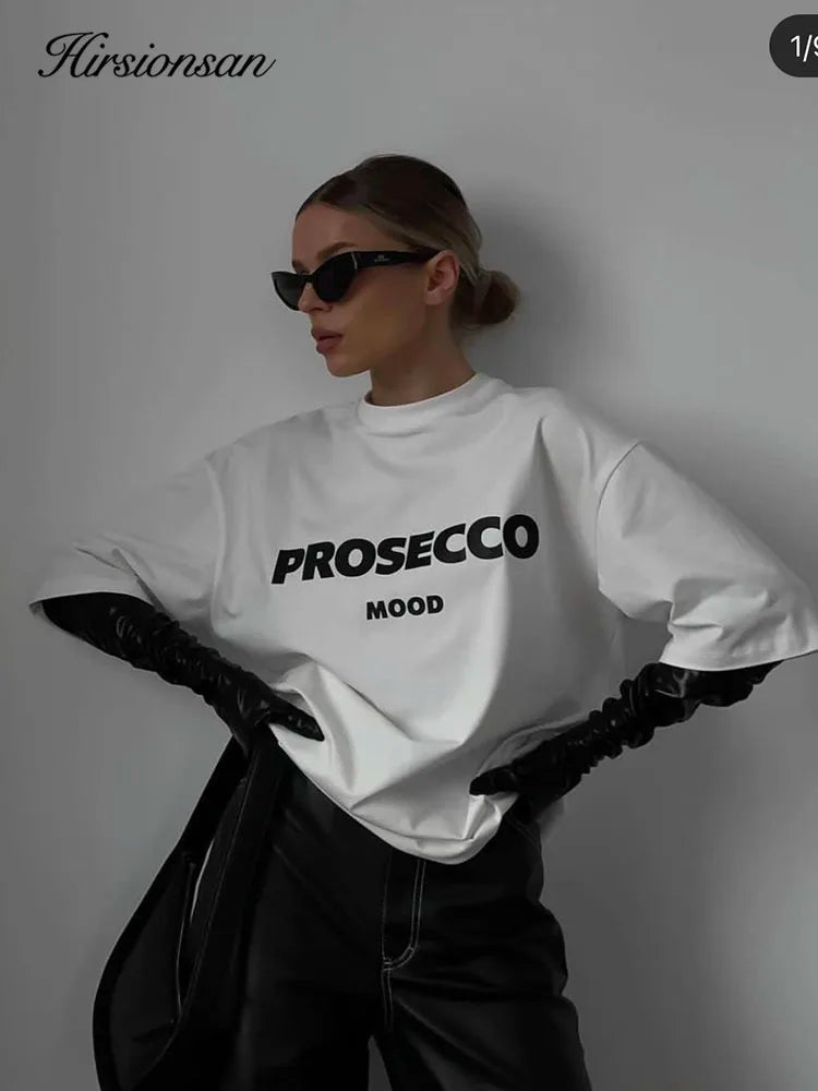 Cotton "Prosecco Mood" Print T-Shirt for Women - Casual Loose Fit Tee by Hirsionsan