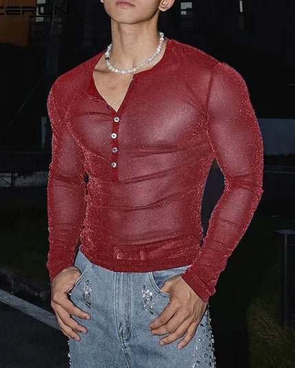 Men's Slim Fit Transparent Mesh Long Sleeve Henley Sweater