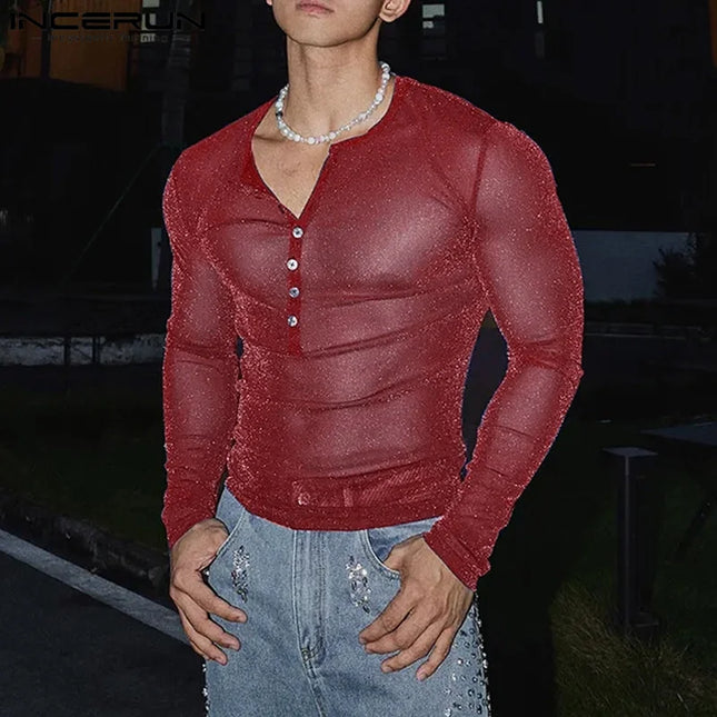 Men's Slim Fit Transparent Mesh Long Sleeve Henley Sweater