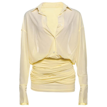 Women's Shirt Dress with Lapel, Slim Fit, Short Length, Pleated Design, and Sheer Fabric