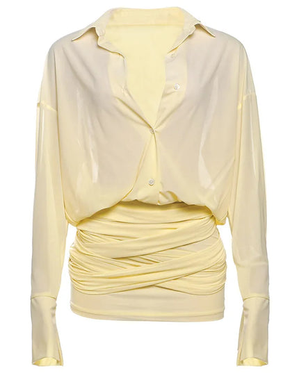 Women's Shirt Dress with Lapel, Slim Fit, Short Length, Pleated Design, and Sheer Fabric