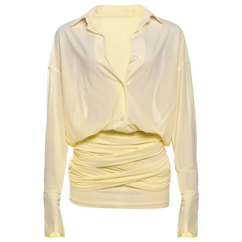 Women's Shirt Dress with Lapel, Slim Fit, Short Length, Pleated Design, and Sheer Fabric